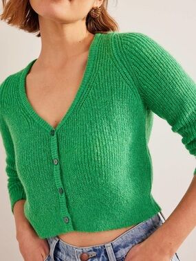 Boden Green Fluffy Cropped‎ Cardigan Alpaca Wool Blend Button Front Size XS